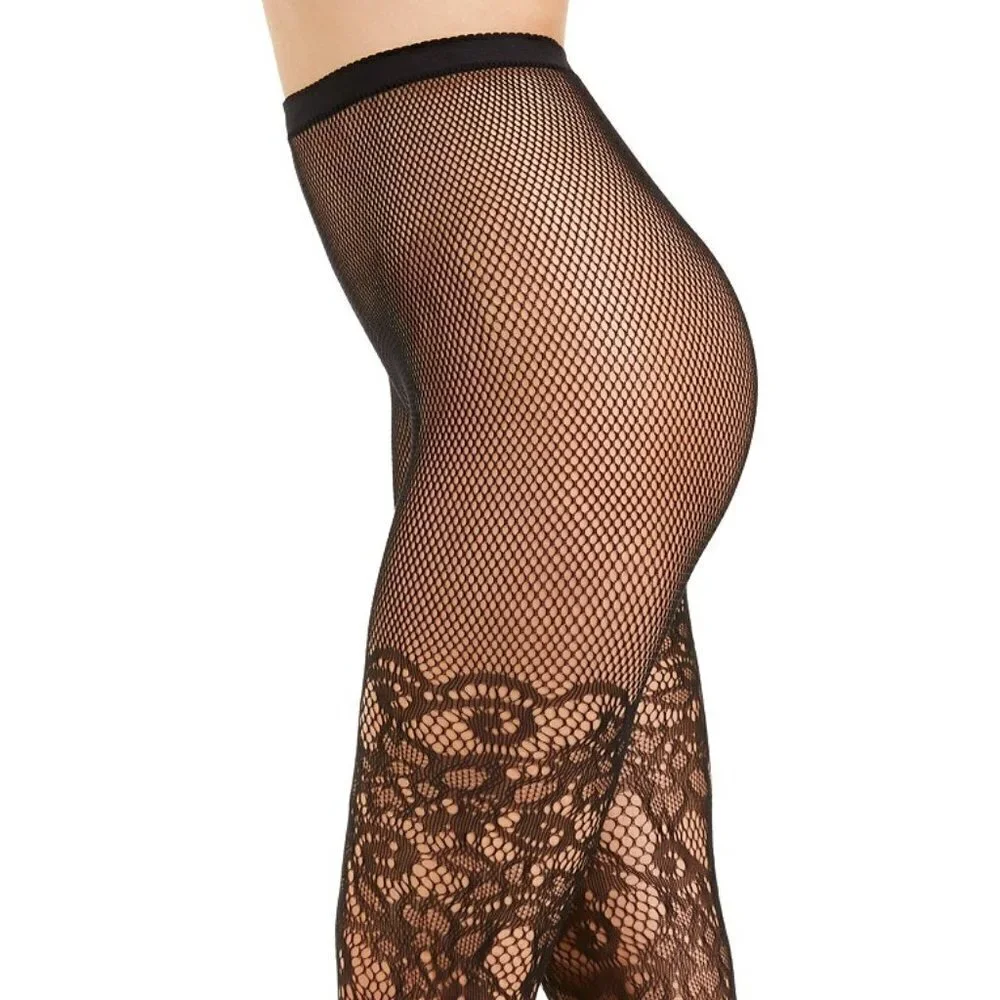 L292 I.n.c. Black Lace Fishnet-Effect Tights - XS